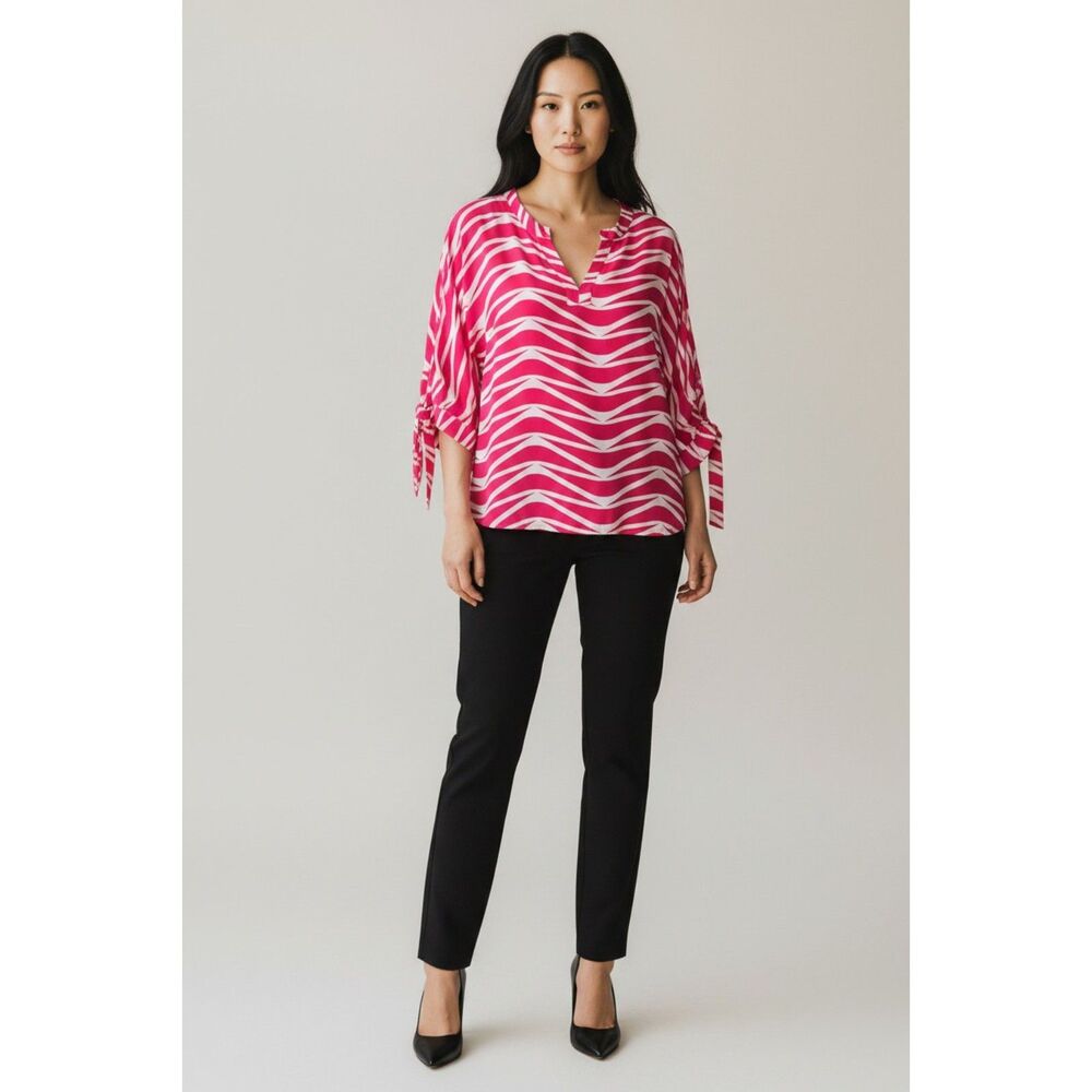 Women's Loft 3/4 Bell Tie Sleeve V Neck Pull Over Pink & White Blouse Large